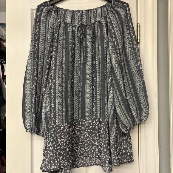 Fred David Womens Peasant Blouse 1X Gray Floral Ties at Neck Puff Sleeve. Fall - Picture 9 of 9